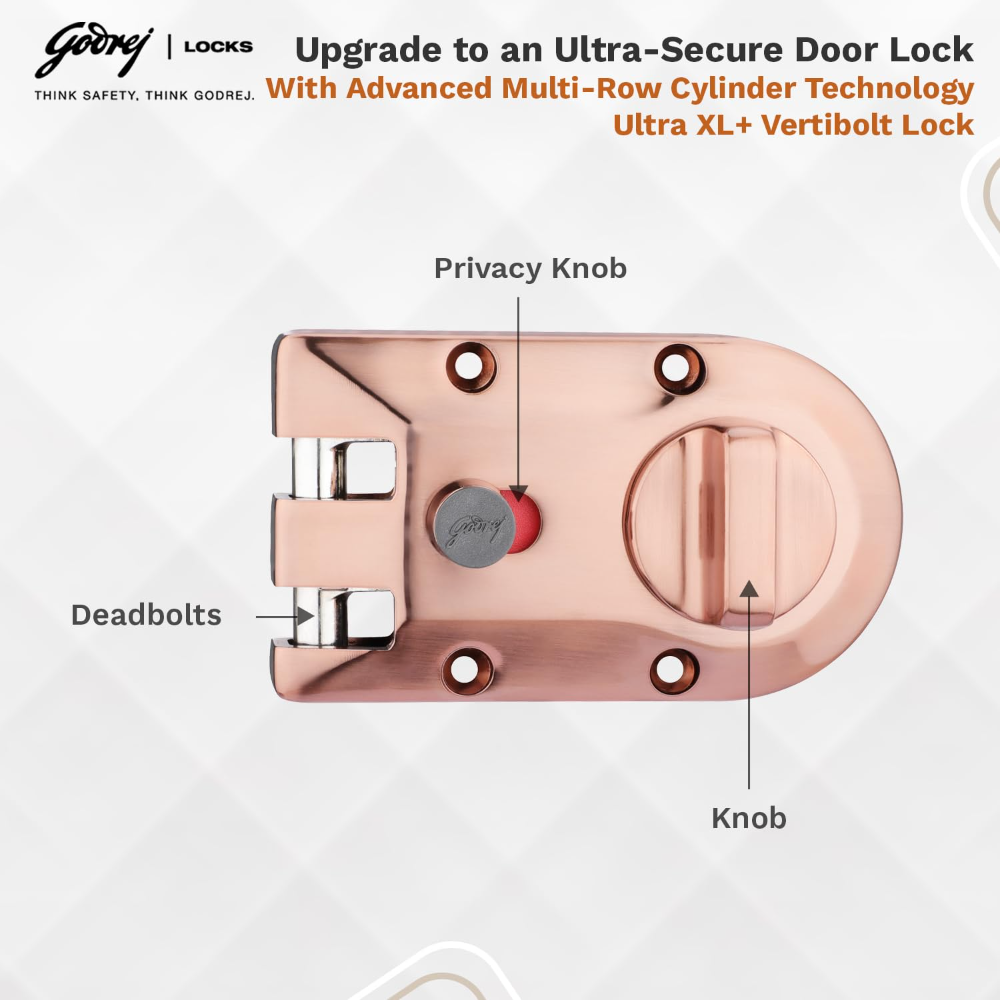 Godrej Rim Lock I Vertibolt 1CK Deadbolt I for Inside Opening Wooden Door | Left or Right Handed Doors I 4 Keys I 5-Year Warranty I Manual Locking l Rose Gold Finish